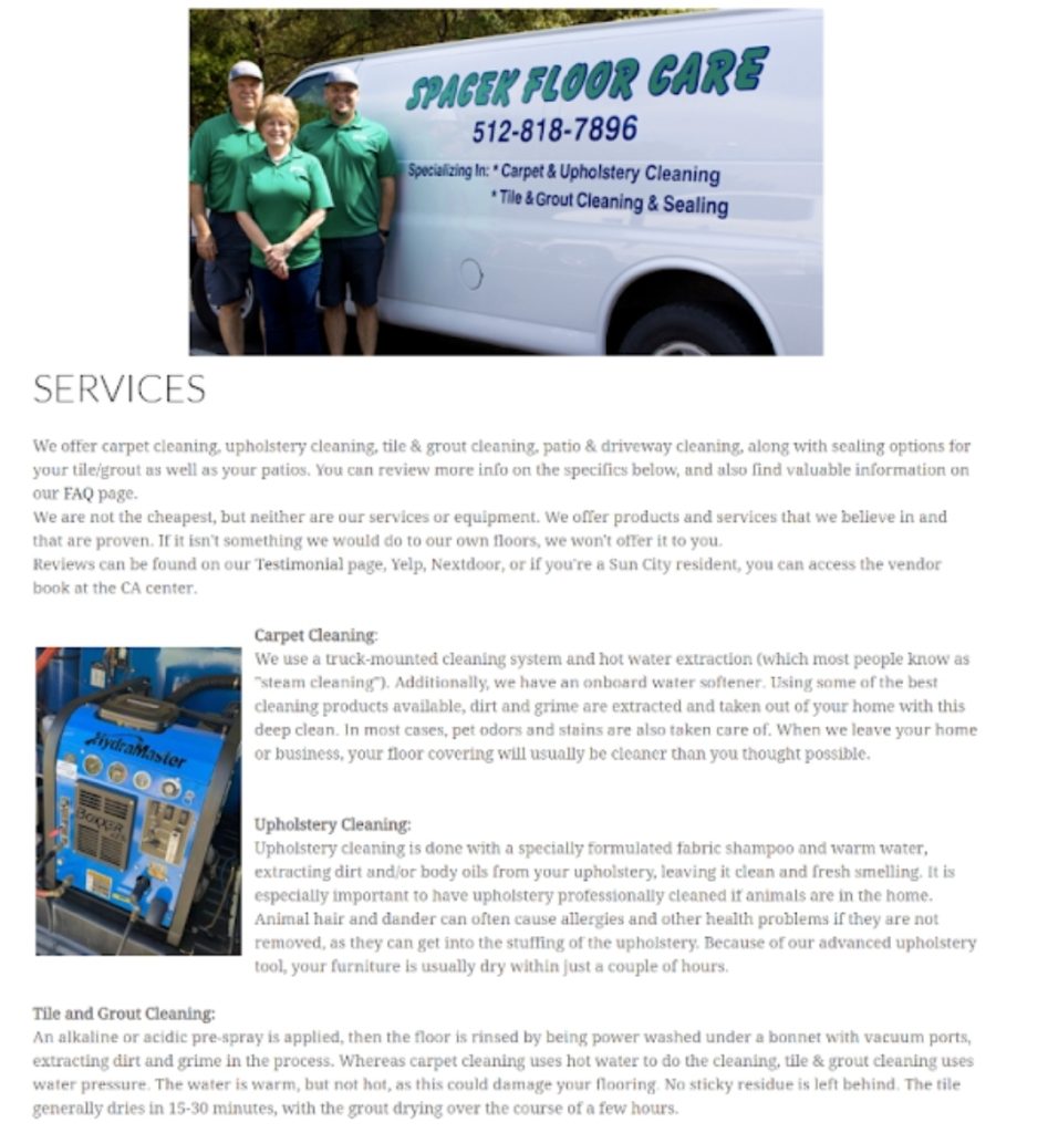 Spacek Floor Care Service Page Before