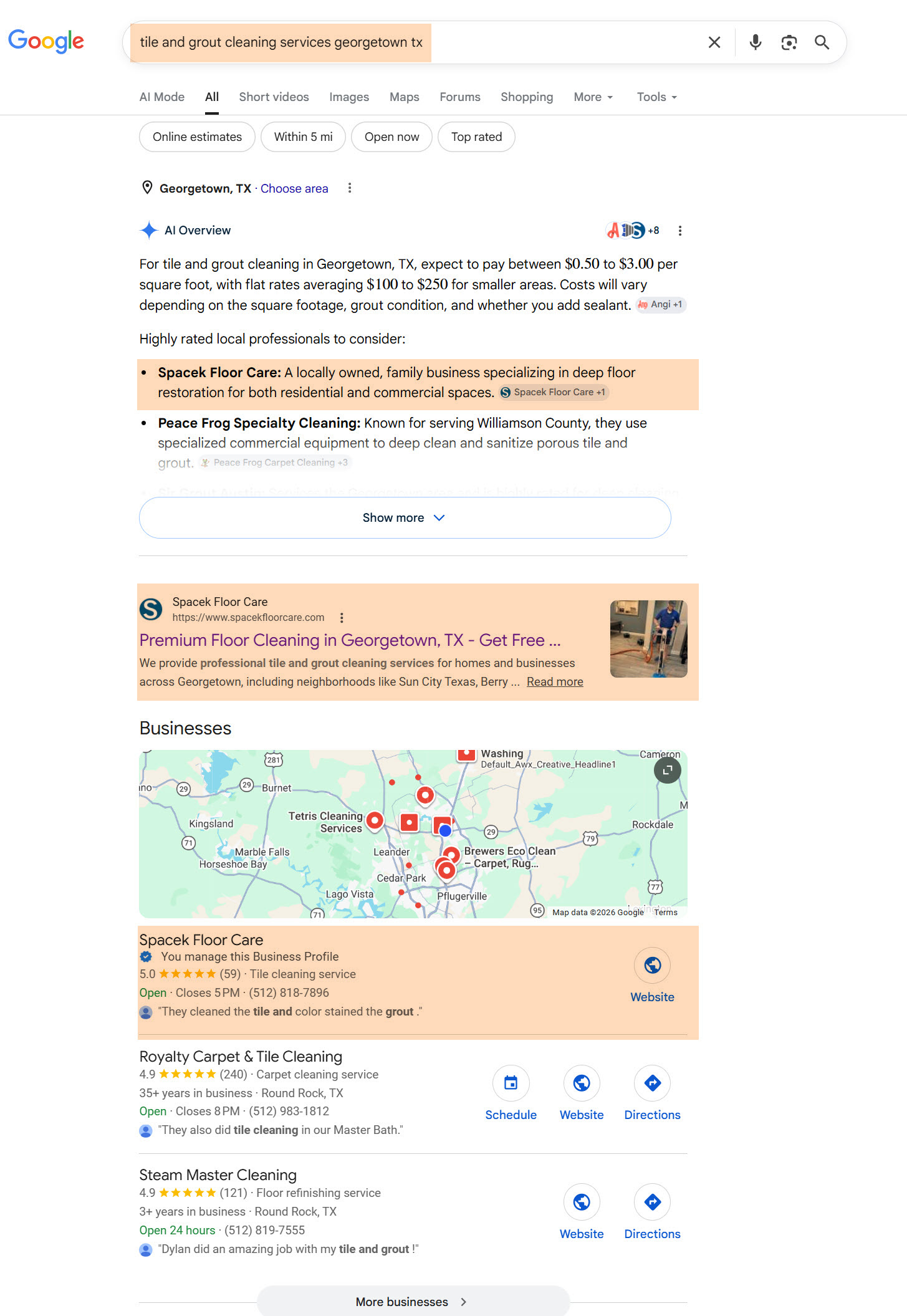 Screenshot of a Google search for tile and grout cleaning in Georgetown TX showing Spacek Floor Care cited first in AI, ranked first organically, and listed first in the Map Pack.